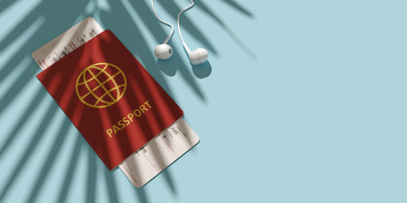Passport, boarding pass, airplane ticket on table top view. Palm shadow. Minimalism concept of...