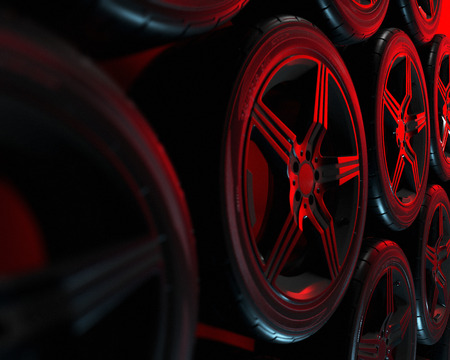 Car wheels set on red background. Poster design. Stack. 3d illustration.の写真素材