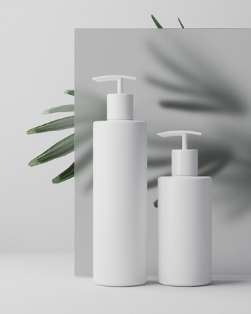 White design of natural cosmetic cream , serum, skincare blank bottle packaging with leaves herb, bio organic product. beauty and spa concept. 3d illustartion. Herbal dermatology cosmetic hygienic cream skincare product in plastic jar on white glass background in bathroomの写真素材