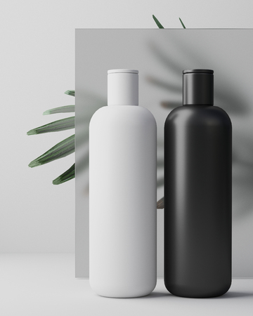 White design of natural cosmetic cream , serum, skincare blank bottle packaging with leaves herb, bio organic product. beauty and spa concept. 3d illustartion. Herbal dermatology cosmetic hygienic cream skincare product in plastic jar on white glass background in bathroomの写真素材