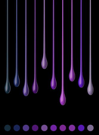 Colorful droplets of lipstick or paint isolated on balck. Abstract background. Colour palette. 3d illustration.の写真素材