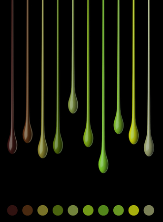 Colorful droplets of lipstick or paint isolated on balck. Abstract background. Colour palette. 3d illustration.の写真素材