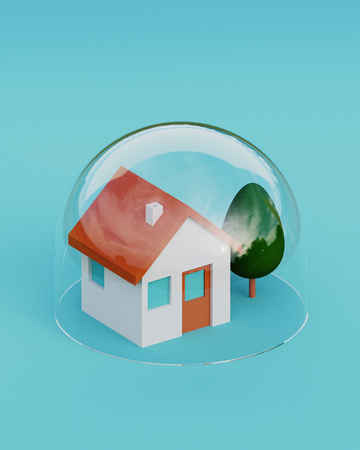 Home safety. A model home protected under a glass dome on blue background. Safety and insurance concept. 3d illustrationの写真素材