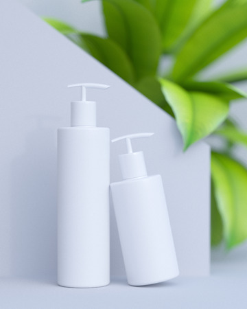 White design of natural cosmetic cream , serum, skincare blank bottle packaging with leaves herb, bio organic product. beauty and spa concept.の写真素材