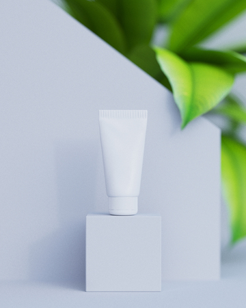 natural cosmetic cream , serum, skincare blank bottle packaging with leaves herb, wood . bio organic product.beauty and spa concept. 3d illustrationの写真素材