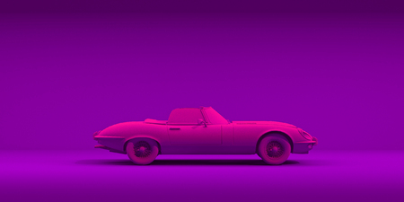 Vintage toy car on color background. Neon minimalism design poster. Rental car for travel. 3D illustrationの写真素材