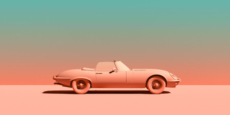 Vintage toy car on color background. minimalism design poster. Rental car for travel. 3D illustrationの写真素材