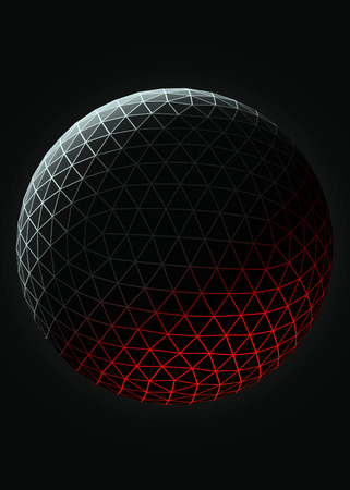 Contemporary techno red stylish symmetric construction, abstract dimensional object with connected lines and dots. Geo sphere. a4 booklet cover design. 3d illustration.の写真素材
