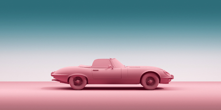 Vintage toy car on color background. minimalism design poster. Rental car for travel. 3D illustrationの写真素材