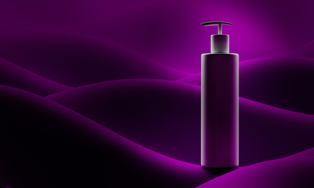 3d illustration realistic black bottle. Soap pump on background colour abstract waves. Cosmetic vial wish shampoo, gel. Template for cosmetic business, advertising, promotion, listing.の写真素材