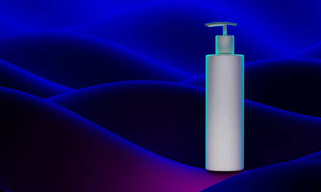 3d illustration realistic black bottle. Soap pump on background colour abstract waves. Cosmetic vial wish shampoo, gel. Template for cosmetic business, advertising, promotion, listing.の写真素材