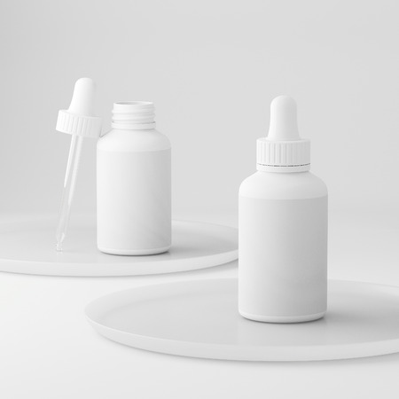 beautiful flat lay serum vape liquid dropper minimal white rose background. 3d illustrationの写真素材