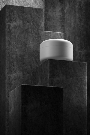 Beautiful format poster with Grey abstract stone concrete background with grayish tonalities, with white plastic containers: bottles, cream jar, tube. Realistic mock-up of cosmetic package. 3d illustration.の写真素材