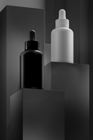 Beautiful format poster with Grey abstract stone concrete background with grayish tonalities, with white plastic containers: droppers. Realistic mock-up cosmetic. 3d illustration.の写真素材