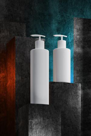 Beautiful format poster with Grey abstract stone concrete background with grayish tonalities, with white plastic containers: cream jar, tube. Realistic mock-up cosmetic. 3d illustration.の写真素材