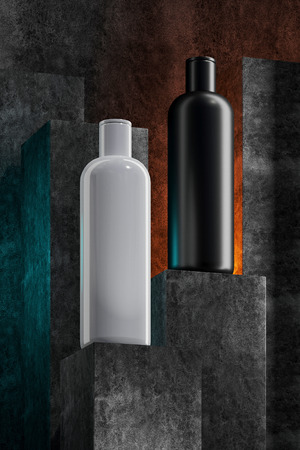 Beautiful format poster with Grey abstract stone concrete background with grayish tonalities, with white plastic containers: cream jar, tube. Realistic mock-up cosmetic. 3d illustration.の写真素材