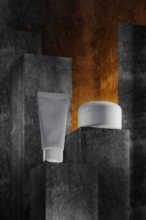 Beautiful format poster with Grey abstract stone concrete background with grayish tonalities, with white plastic containers: cream jar, tube. Realistic mock-up cosmetic. 3d illustration.の写真素材