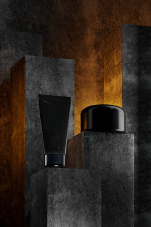 Beautiful format poster with Grey abstract stone concrete background with grayish tonalities, with white plastic containers: cream jar, tube. Realistic mock-up cosmetic. 3d illustration.の写真素材