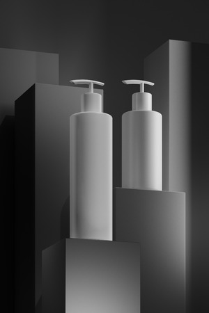 Design of natural cosmetic cream , serum, skincare blank bottle packaging. bio organic product. beauty and spa concept. Abstract balance. 3d illustrationの写真素材