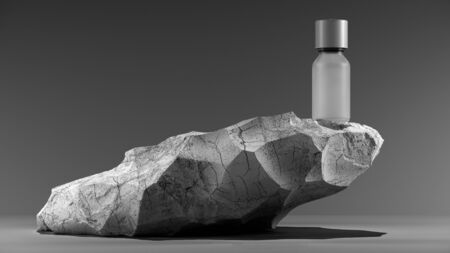bottle of essential massage oil on stone - beauty treatment. Minimal white design packaging mock up. 3d illustration.の写真素材