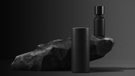 bottle of essential massage oil on stone - beauty treatment. Minimal Black design packaging mock up. 3d illustration.の写真素材