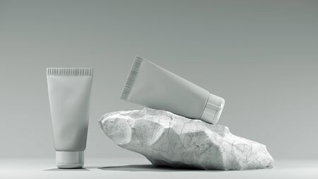 3d illustration. Blank white tube design on a stone mockup front back profile side view set. Clear cream packaging stand mock up. Lotion skin care package template. Scincare cosmetic concept.の写真素材