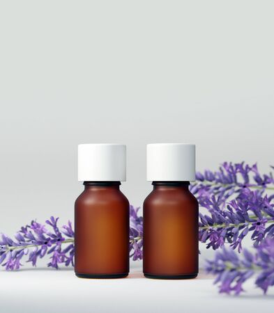 Essential oil bottle mock up. With lavender flower. White background. Body care concept. 3D illustration.の写真素材