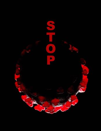 Stop power standby symbol. Abstract virus MERS-Cov middle East respiratory syndrome coronavirus and Novel-2019. nCoV with copy space on black background. Virus Pandemic Protection Concept 3d renderingの写真素材