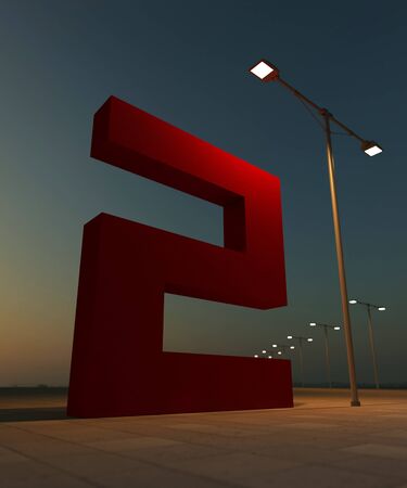 Red paint number 2. 3D render of big giant font on the street. Abstract architecture constructionの写真素材