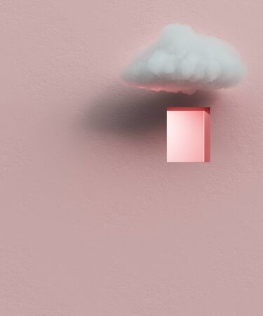 White fluffy cloud flying over the window, hole in the wall. Minimal outdoor exterior. On color background, modern design, abstract metaphor. 3d render.の写真素材