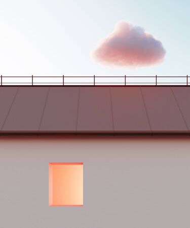 White fluffy cloud flying over the roof and window. Minimalism composition. Sun and sky, modern design, abstract metaphor. 3d renderの写真素材