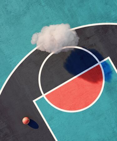 Aerial view basketball court with sunset sun light. Flat design, cloud. 3d illustrationの写真素材