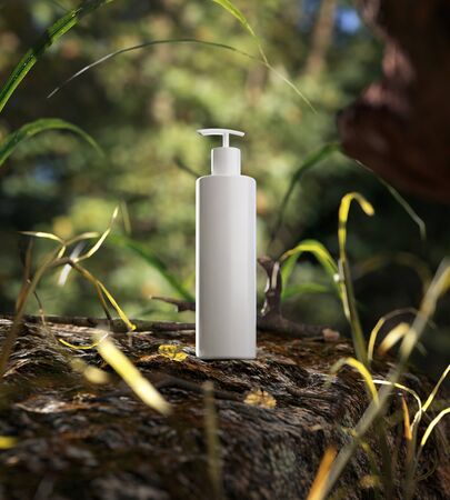 Natural Cosmetic product presentation. Ourdoors forest placement. White blank Jar shampoo bottle. 3d illustration content.の写真素材