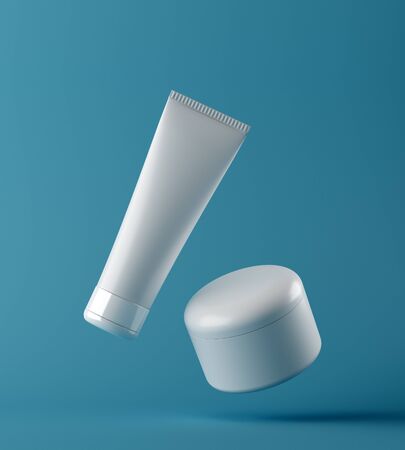 Design of natural cosmetic cream , serum, skincare blank bottle packaging. bio organic product. beauty and spa concept. Abstract violet background. 3d illustrationの写真素材