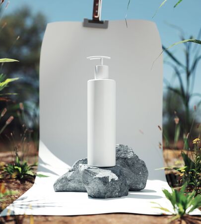 Natural Cosmetic product presentation. Ourdoors forest placement. White blank Jar shampoo bottle. 3d illustration content.の写真素材