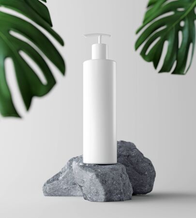 Natural Cosmetic product presentation. Ourdoors forest placement. White blank Jar shampoo bottle. 3d illustration content.の写真素材