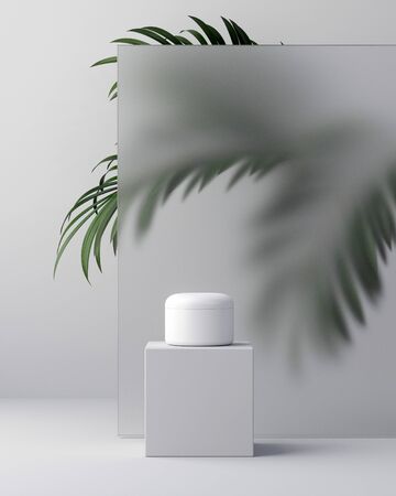 White design of natural cosmetic cream , serum, skincare blank bottle packaging with leaves herb, bio organic product. beauty and spa concept. 3d illustartionの写真素材