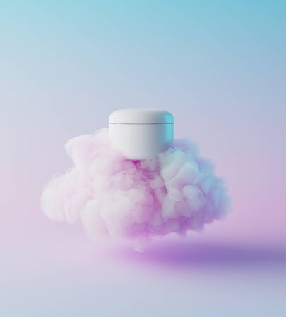 Natural moisturizer cosmetic presentation with cloud, mock up scene podium for product display. hydrating concept. 3D rendering.の写真素材