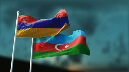 Two flags of Armenia and Azerbaijan fluttering in the wind against the evening sky. 3D Renderの写真素材