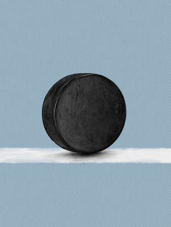 Minimalistic drawing of a hockey puck on a line on the ice. Mockup poster design.の写真素材
