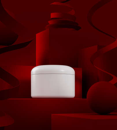 Product presentation scene. White blank cosmetic creme jar mock up. Christmas podium showcase, red gift box. 3d illustrationの写真素材