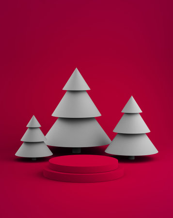 New year podium stage for product placement, minimal christmas trees on colorful background. 3d...