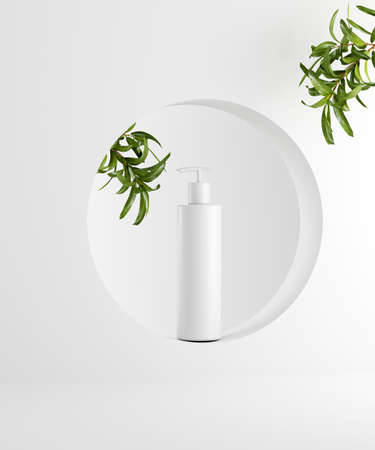 Natural cosmetic minimal stage for product presentation. Cosmetic jar podium and green leaf on monochrome background. 3d render.の写真素材