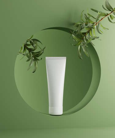 Monocolor scene for cosmetic product presentation. Cosmetic jar and green leaf on color background. 3d render.の写真素材