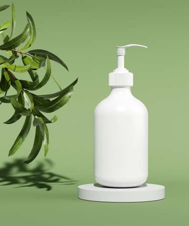 Natural cosmetic minimal stage for product presentation. Cosmetic jar podium and green leaf on monochrome background. 3d render.の写真素材