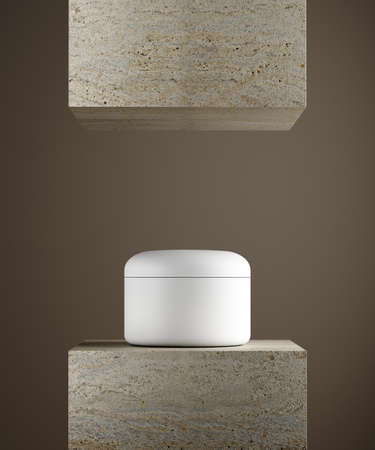 Cosmetic cream jar podium. Natural stone pedestal. 3d illustration.の写真素材