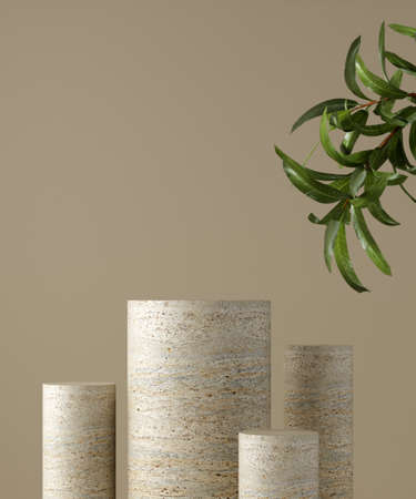 Pedestal for natural cosmetic product presentation. Stone cylinder with plant leaves. 3d illustration.の写真素材