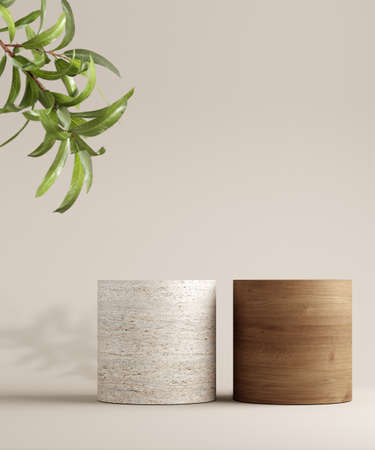 Pedestal for natural cosmetic product presentation. Stone and wood cylinders with plant leaves. 3d illustration.の写真素材