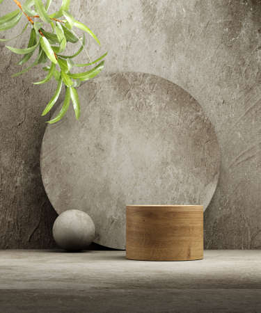Pedestal for natural cosmetic product presentation. Stone and wood cylinders with plant leaves. 3d illustration.の写真素材