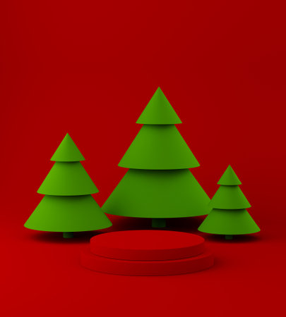 New year podium stage for product placement, minimal christmas trees on colorful background. 3d illustrationの写真素材